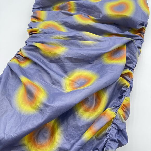 Maisie Wilen | Lady Miss Purple Yellow Ruched Low Back Polka Dot Midi Dress M - Picture 7 of 14